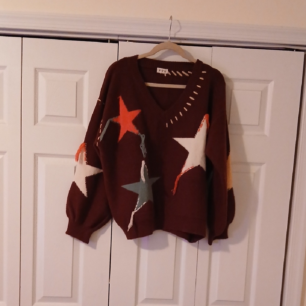 POL V-Neck Sweater with Star Design - Brown and Multicolor